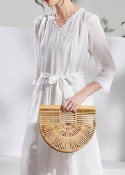Unique v neck pockets linen Wardrobes white Dresses - SooLinen