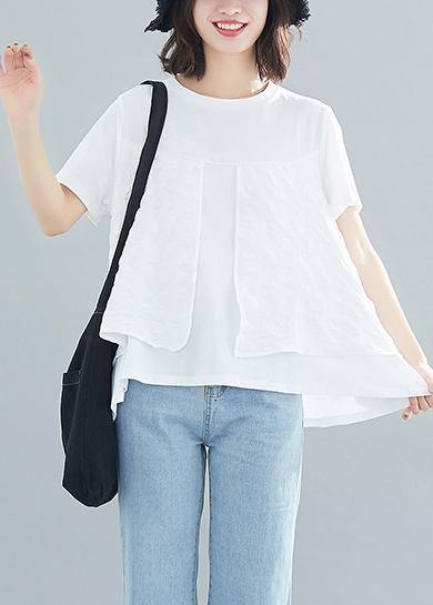 Unique white cotton Casual Tutorials o neck patchwork Knee Summer blouse - SooLinen