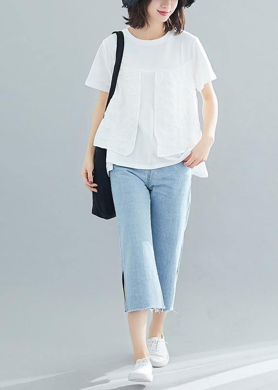 Unique white cotton Casual Tutorials o neck patchwork Knee Summer blouse - SooLinen