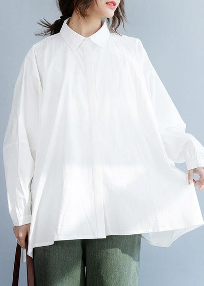 Unique white cotton shirts women loose hem box fall shirts - SooLinen