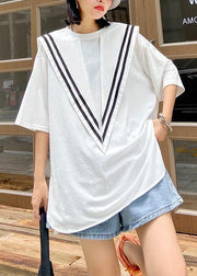 Unique white cotton tunics for women o neck patchwork loose top - SooLinen