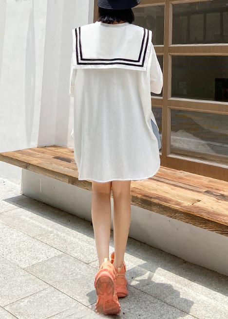 Unique white cotton tunics for women o neck patchwork loose top - SooLinen