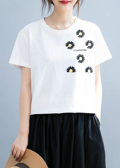 Unique white daisy print tops women o neck short blouse - SooLinen