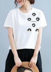 Unique white daisy print tops women o neck short blouse - SooLinen