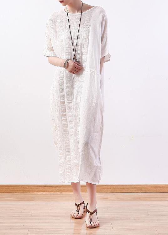 Unique white linen clothes o neck half sleeve Plus Size summer Dresses - SooLinen