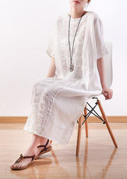 Unique white linen clothes o neck half sleeve Plus Size summer Dresses - SooLinen