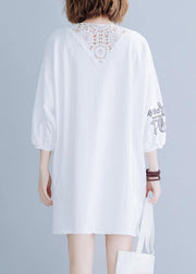 Unique white prints Cotton dress back lace patchwork baggy summer Dress - SooLinen