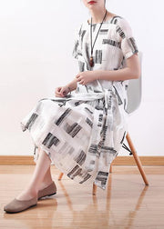 Unique white prints silk linen Robes tie waist cotton summer Dress - SooLinen