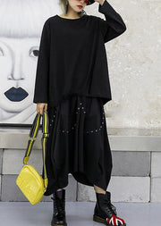 Unique Cinched cotton top silhouette Neckline black blouses fall - SooLinen