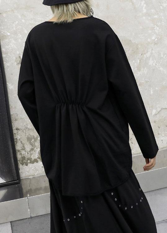 Unique Cinched cotton top silhouette Neckline black blouses fall - SooLinen