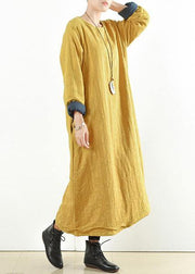 Unique yellow cotton clothes Women thick warm  Maxi o neck Dresses - SooLinen