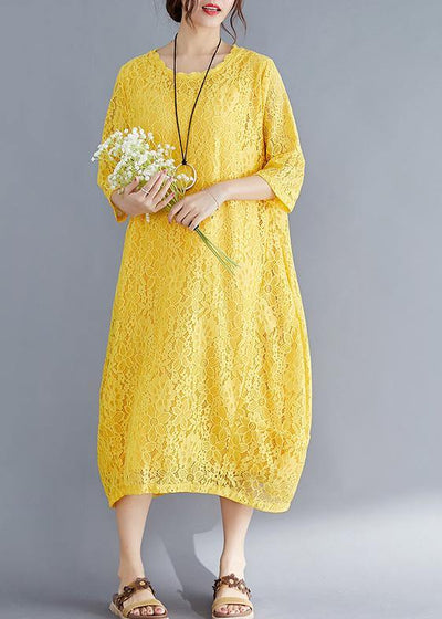 Unique yellow cotton outfit Indian Sleeve Half sleeve o neck Maxi Summer Dresses - SooLinen