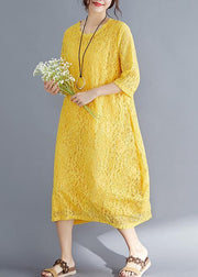 Unique yellow cotton outfit Indian Sleeve Half sleeve o neck Maxi Summer Dresses - SooLinen