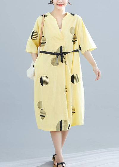 Unique yellow dotted cotton linen clothes For Women v neck half sleeve daily summer Dress - SooLinen