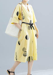 Unique yellow dotted cotton linen clothes For Women v neck half sleeve daily summer Dress - SooLinen