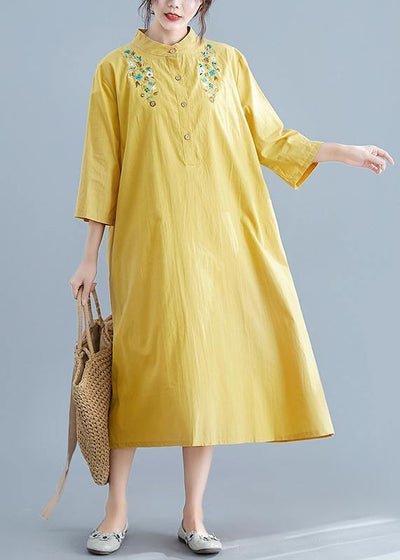 Unique yellow embroidery cotton clothes stand collar pockets Plus Size summer Dress - SooLinen