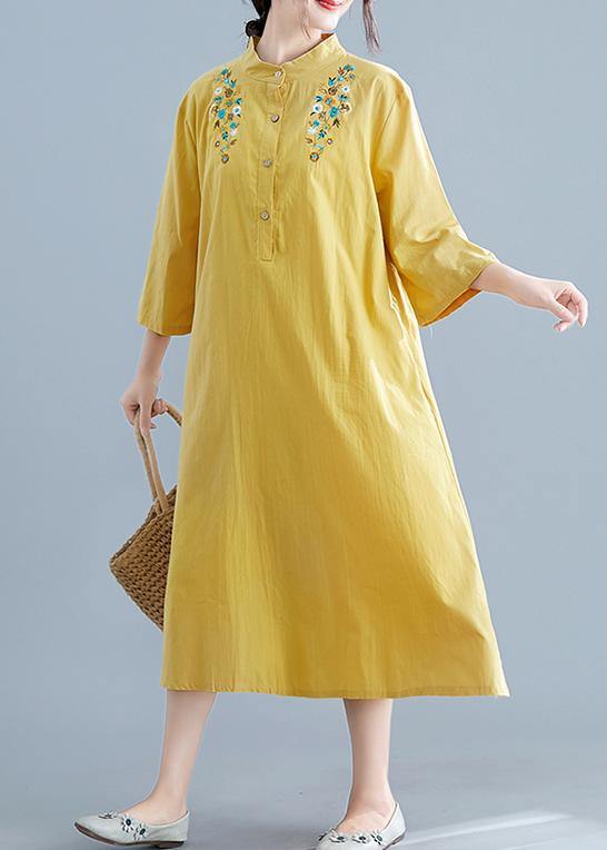 Unique yellow embroidery cotton clothes stand collar pockets Plus Size summer Dress - SooLinen