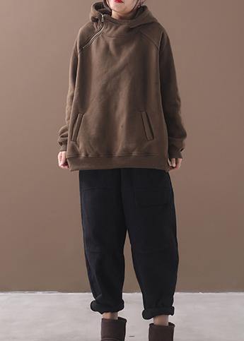 Unique zippered cotton hooded tops women blouses Wardrobes brown blouses - SooLinen