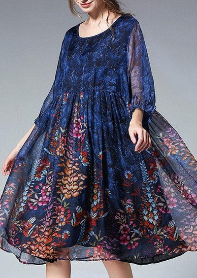 Unique Blue Print Tunic Pattern O Neck Cinched Plus Size Summer Dresses - SooLinen