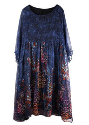 Unique Blue Print Tunic Pattern O Neck Cinched Plus Size Summer Dresses - SooLinen