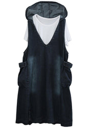 V-neck Denim Dress Double Pocket Loose LARGE T-Shirt 2021 Two Piece Set - SooLinen