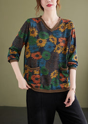 Versatile V Neck Print Pockets Knit Short Sweater Spring