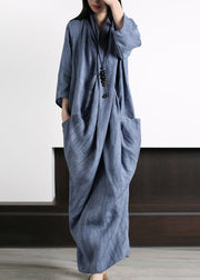 Vetro Blue V Neck Print Wrinkled Asymmetrical Linen Maxi Dress Long Sleeve
