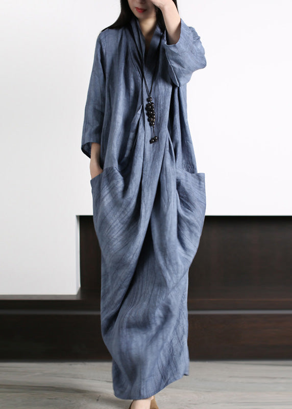 Vetro Blue V Neck Print Wrinkled Asymmetrical Linen Maxi Dress Long Sleeve