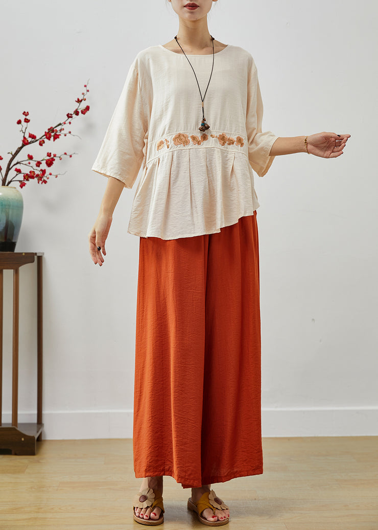 Vintage Apricot Embroidered Asymmetrical Cotton Two Pieces Set Fall