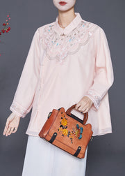 Vintage Apricot Embroidered Linen Silk Blouses Fall