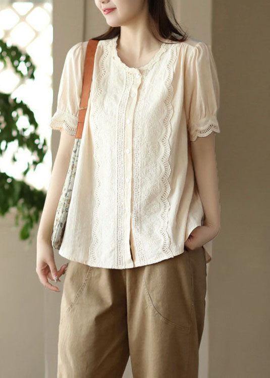 Vintage Apricot Hollow Out Embroidered Patchwork Cotton Blouses Summer