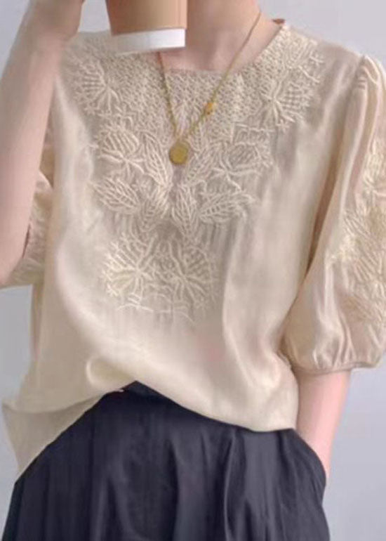Vintage Apricot O-Neck Embroidered Silk Top Puff Sleeve