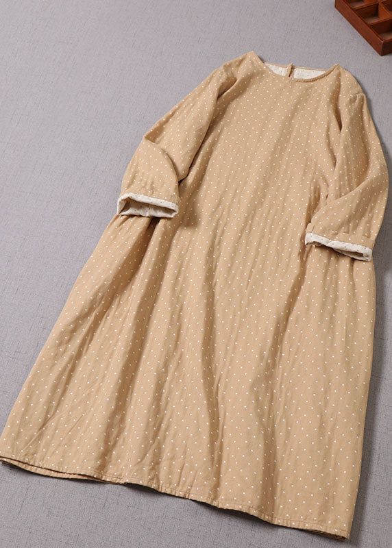 Vintage Apricot O-Neck Taschen Baumwollkleid Frühling
