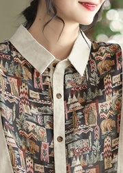 Vintage Apricot Peter Pan Collar Button asymmetrical design Print Linen Shirts Half Sleeve