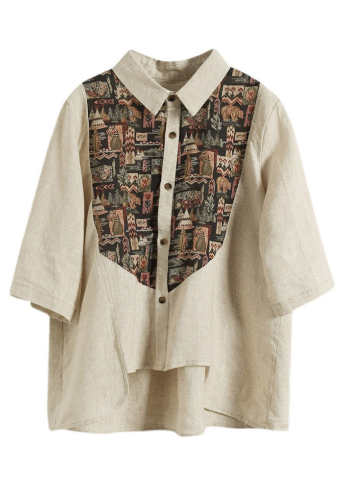 Vintage Apricot Peter Pan Collar Button asymmetrical design Print Linen Shirts Half Sleeve