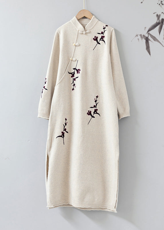 Vintage Apricot Stand Collar Embroidered Patchwork Woolen Knit Dress Fall