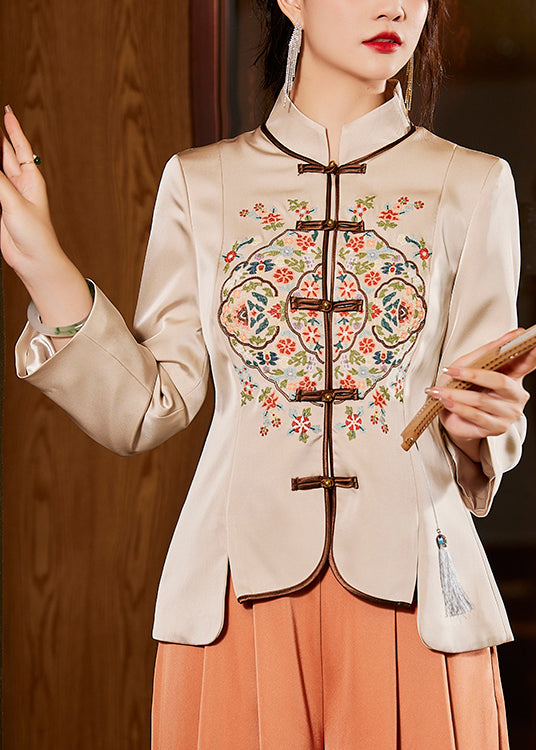 Vintage Apricot Stand Collar Embroidered Shirt Bottoming Shirt