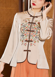 Vintage Apricot Stand Collar Embroidered Shirt Bottoming Shirt
