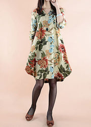 Vintage Apricot V Neck Floral Patchwork Linen Dress Spring