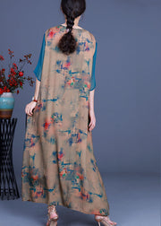 Vintage Apricot V Neck Print asymmetrical design Fall Holiday Dress Long sleeve