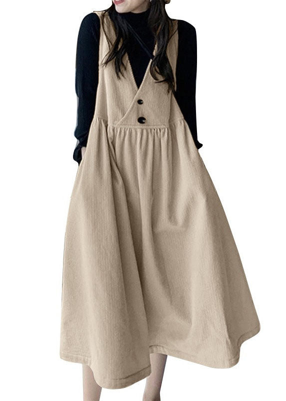 Vintage Apricot V Neck Wrinkled Patchwork Corduroy Dress Sleeveless