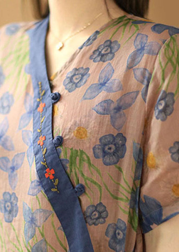 Vintage Asymmetrical Design Embroidered Print Linen Long Dress Short Sleeve
