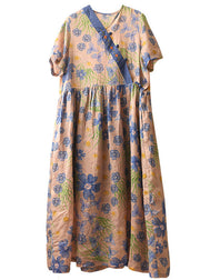 Vintage asymmetrisches Design bestickter Druck Leinen langes Kleid mit kurzen Ärmeln