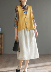 Vintage Beige Chinese Button Patchwork Linen Skirts Spring