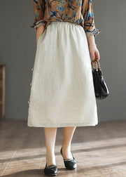 Vintage Beige Chinese Button Patchwork Linen Skirts Spring