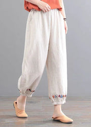 Vintage Beige Elastic Waist Embroidered Pockets Linen Beam Pants Summer