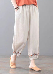 Vintage Beige Elastic Waist Embroidered Pockets Linen Beam Pants Summer