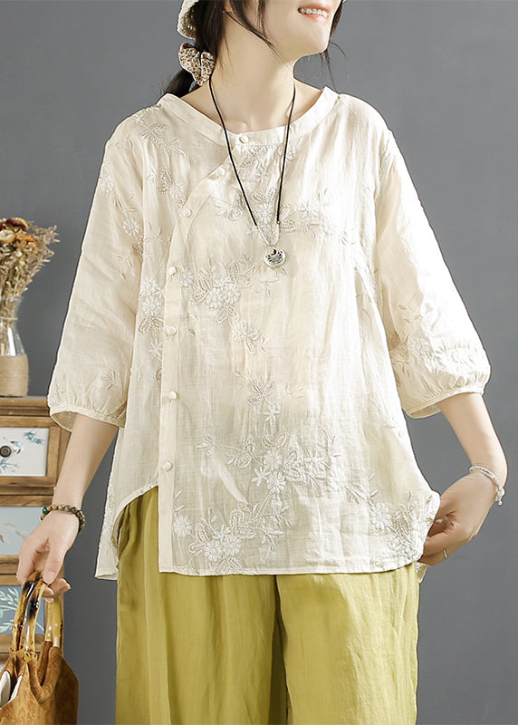 Vintage Beige Embroidered Button Linen Shirt Top Fall