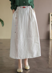 Vintage Beige Embroidered Pockets Patchwork Cotton Skirts Summer