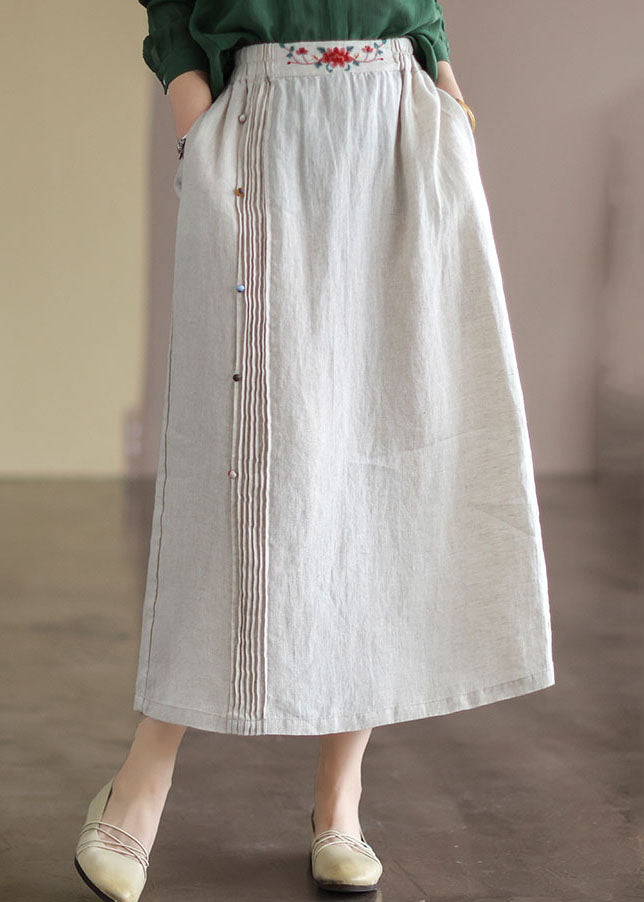 Vintage Beige Embroidered Pockets Patchwork Cotton Skirts Summer